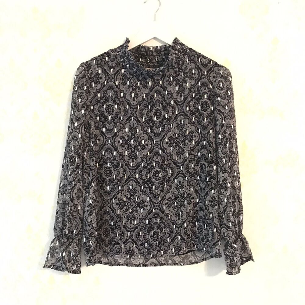 Willow Drive Ruffled Mock Neck Top Metallic Silver Size XS $59 MSRP